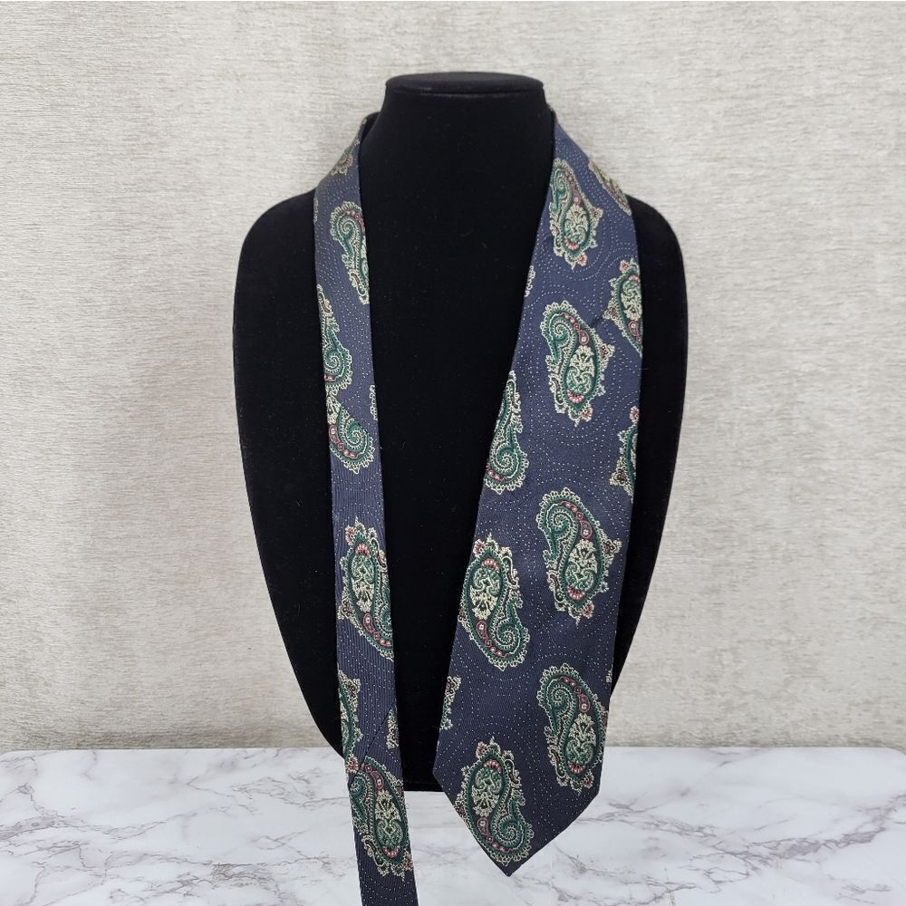 Ralph Lauren Vintage Silk Paisley Embroidered Tie Men's Necktie Navy Green Cream
